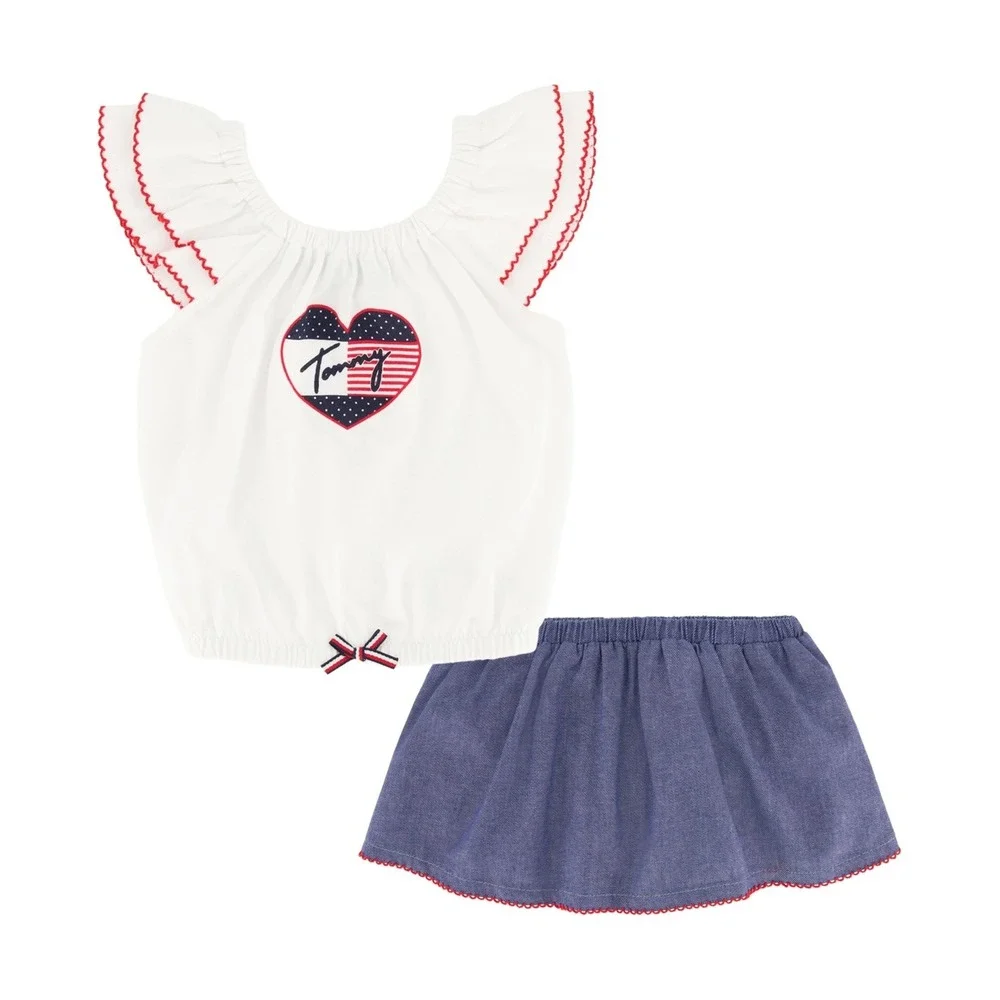 Tommy Hilfiger Baby Girls Flutter Sleeve Top and Chambray Skort, 2 Pc‎ Set - 24M